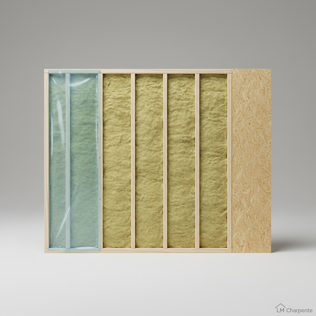 A carefully insulated timber-frame wall section, shown in cross-section as if one panel had been cleanly sliced away. The inner structure reveals straight vertical studs in smooth light wood, precisely spaced, with dense mineral wool insulation neatly fitted between them. On one side, a pristine vapor barrier membrane is perfectly tensioned, without wrinkles, and on the other, uniform exterior sheathing panels create a flat plane. The wall is staged in a neutral, well-lit studio environment with a seamless light gray background. Soft, even front lighting eliminates harsh shadows, ensuring every layer and material is clearly visible. Shot straight-on with sharp focus across the entire frame, the image has a didactic, professional atmosphere, ideal for explaining LM Charpente’s insulation and energy-efficient construction methods in a clean, technical photographic style.