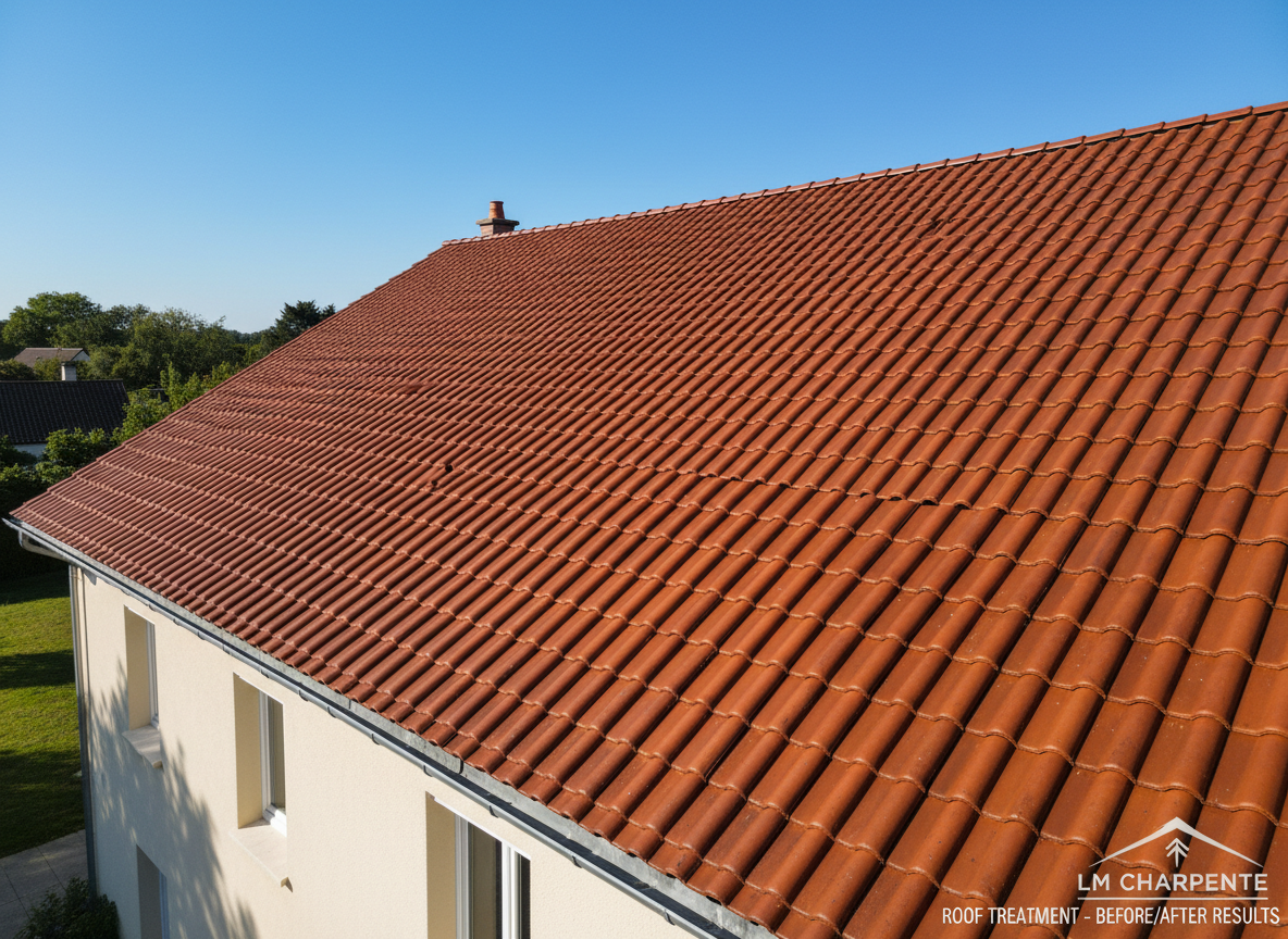 Wide shot of a clean, renovated tiled roof after treatment, with even color, no moss, and bright sky, shot from slightly above to show full surface and gutter line, corporate style, ideal to showcase results of LM Charpente roof treatment